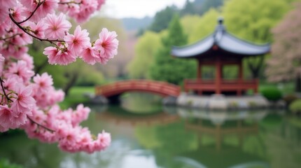Cherry blossoms frame a wooden bridge and pagoda pavilion over a serene pond, soft overcast light evokes calm in a balanced spring garden scene