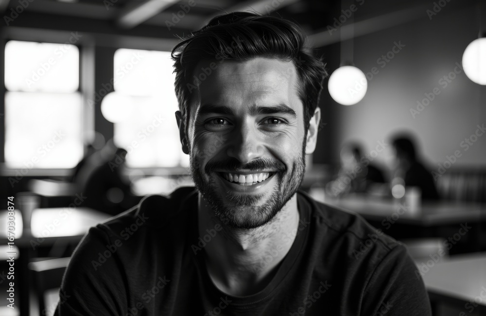 Poster a smiling man with dark hair and a beard in a modern indoor setting with large windows and soft ligh
