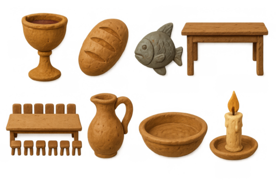 Rustic clay artifacts: bread, fish, and candle set in handmade pottery style