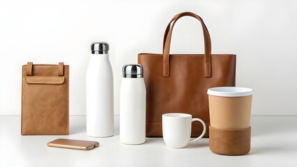 Clean studio mockup of various blank, customizable everyday essentials reusable bottles, tote bag, mug, and tech accessories, ideal for any brand concept