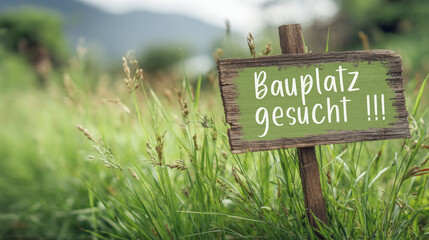 Holztafel Schild in Wiese mit deutschem Text : Bauplatz gesucht !!!