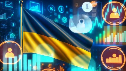 Ukrainian Flag with Digital Charts and Icons for Economic Data Display - Powered by Adobe