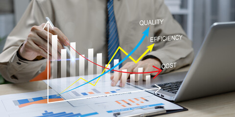 Business performance concept focusing on increasing quality and efficiency, reducing costs, and driving continuous improvement in performance management.