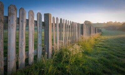 Obraz premium Rustic wooden fence bordering a dewy meadow at dawn