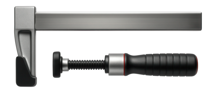 Sash clamp with a long steel bar and a sliding head for holding large panels in place.