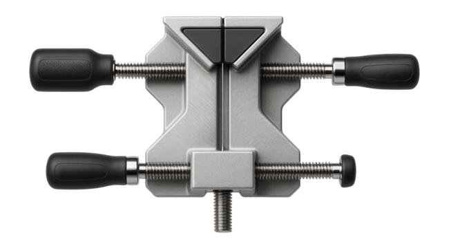 Corner clamp with an aluminum body and two screw handles for assembling picture frames.