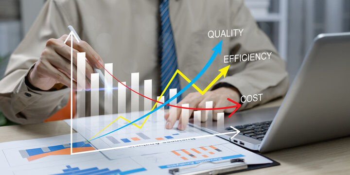 Business performance concept focusing on increasing quality and efficiency, reducing costs, and driving continuous improvement in performance management. - Powered by Adobe