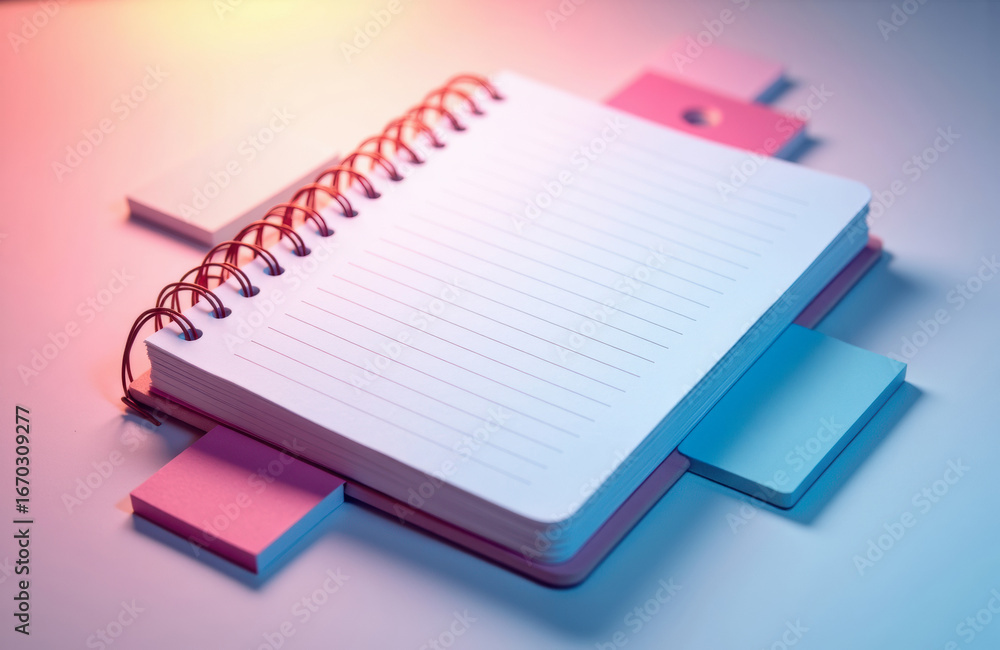 Poster a spiral-bound notebook with colorful sticky notes on a pastel background