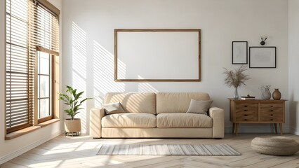 Fototapeta premium Bright and minimalist living room interior with a comfortable beige sofa, large empty picture frame for your design mockup, sunlit modern home decor