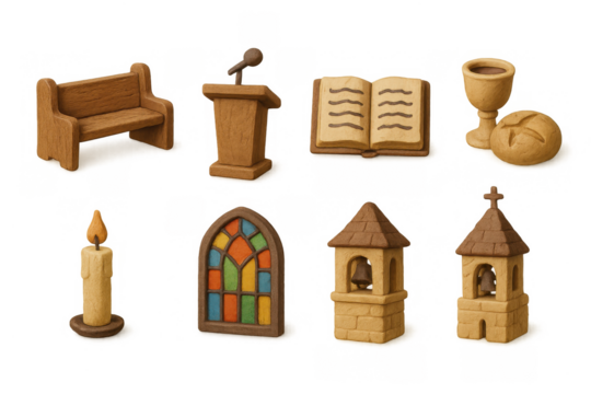 Rustic church icons: wooden pews, altars, and stained glass windows