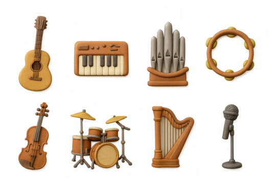 Clay musical instruments collection: guitar, piano, drum set, and more