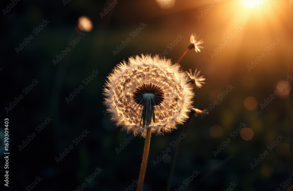 Poster dandelion seed head illuminated by warm sunlight creating a soft glow and bokeh background