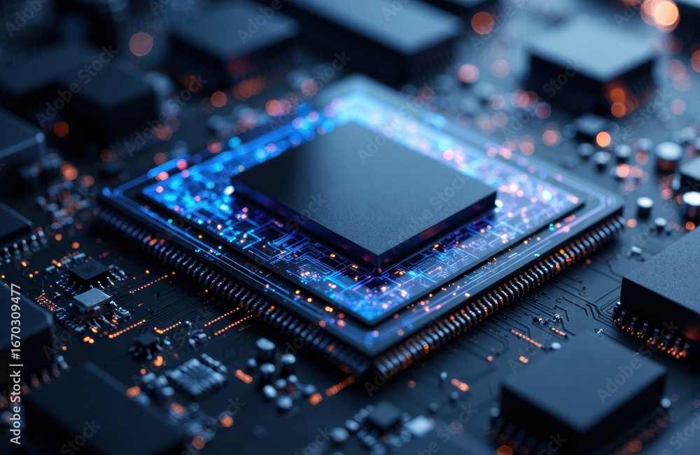 Aufkleber a close-up of a computer microchip on a circuit board with glowing electronic components