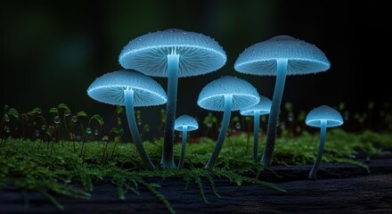 Fototapeta premium Bioluminescent Mushrooms Glowing in a Dark Forest Setting at Night