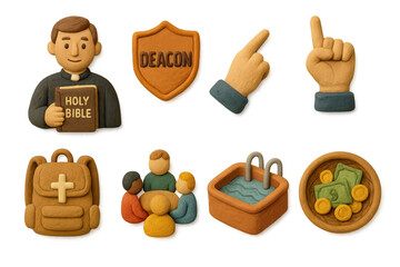 Clay style church elements: pastor, bible, fellowship, and symbols for religious design