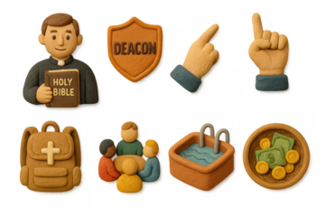 Clay style church elements: pastor, bible, fellowship, and symbols for religious design