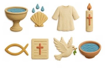 Baptism icons set with christian symbols and religious elements