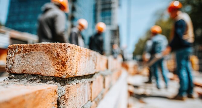 Close-up bricklaying, construction workers