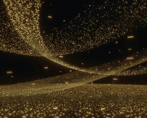 Brilliant gold particles illuminate a flowing, textured space against a dark background in a futuristic style