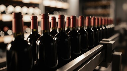 Glossy black wine bottles with red caps align on a conveyor in a modern winery, ambient lighting and blurred shelves emphasize craftsmanship and luxury atmosphere