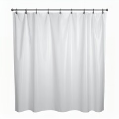 Crisp white bathroom curtain hanging elegantly, showcasing texture and form on white background