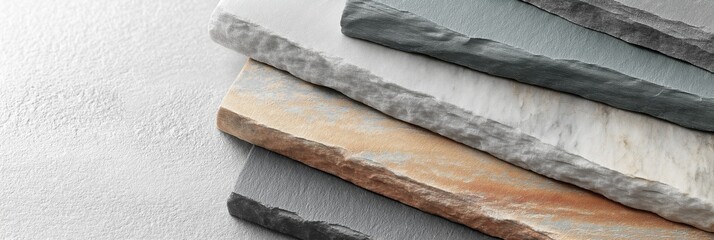 Granite sample slabs in various muted tones on smooth beige surface, highlighting textures and shadows