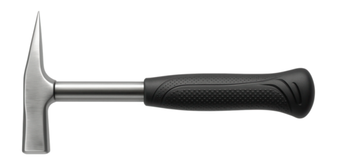 Mason's pick with a pointed chisel end and a flat hammer opposite, designed for splitting stone blocks at a construction site.