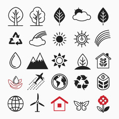 20 different unique clean vector icons, nature and environment theme, bold black outlines, flat solid colors,