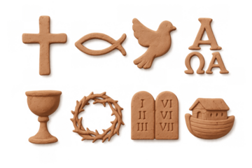 Clay style christian symbols featuring cross, dove, ichthys, and more