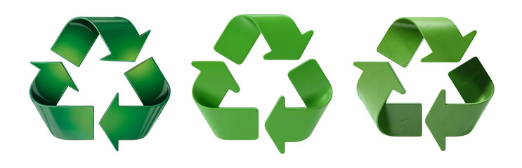 Obraz premium Three distinct green recycling symbols showcasing different textures and finishes for environmental campaigns and sustainability initiatives isolated on png transparent background