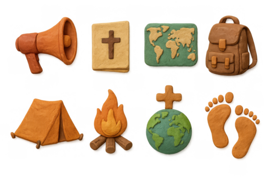 Clay style religious and adventure icons set for kids activities