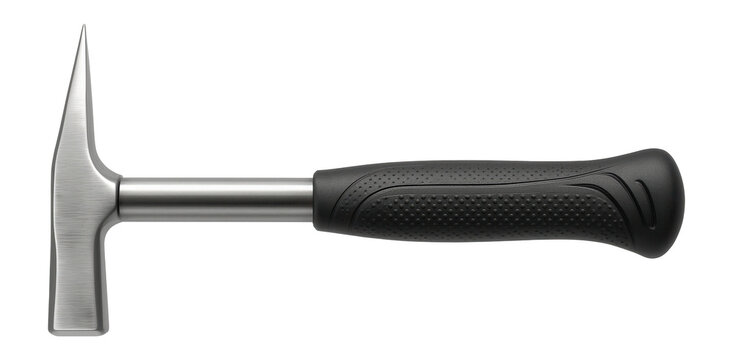 Mason's pick with a pointed chisel end and a flat hammer opposite, designed for splitting stone blocks at a construction site.