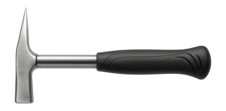 Mason's pick with a pointed chisel end and a flat hammer opposite, designed for splitting stone blocks at a construction site.