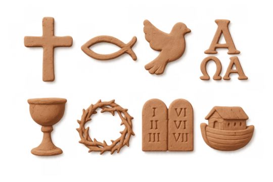Clay style christian symbols featuring cross, dove, ichthys, and more