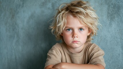 A serious young boy with messy blonde hair gazes into the camera, showcasing his striking blue eyes and a contemplative expression that invites curiosity and empathy.