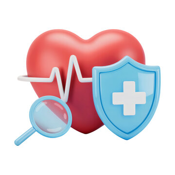 Secure your health with a heart pulse monitor, magnifying glass, and protective shield, symbolizing medical care and insurance isolated on png transparent background