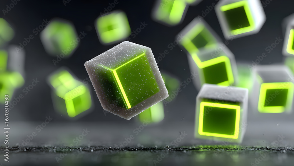 Poster a minimalistic animation of cubes floating in the ai on black background greenoutline outlines, matt