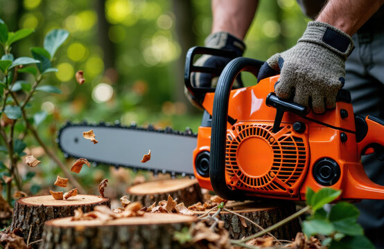 Man operating an orange chainsaw cutting through a tree trunk in a forest setting - Powered by Adobe