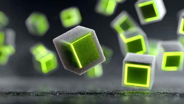 A minimalistic animation of cubes floating in the ai on black background greenoutline outlines, matte fiish, dark gray background,neon light effects Generatve AI