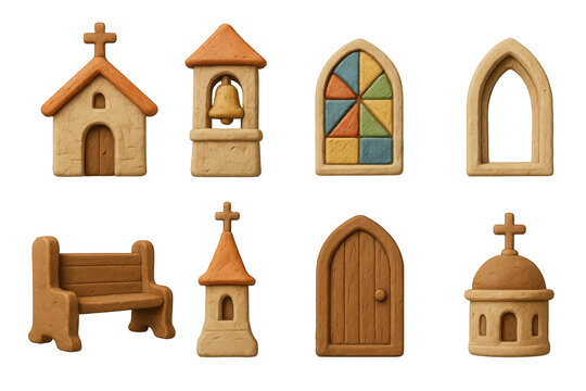 Rustic clay church elements: handcrafted architectural icons set
