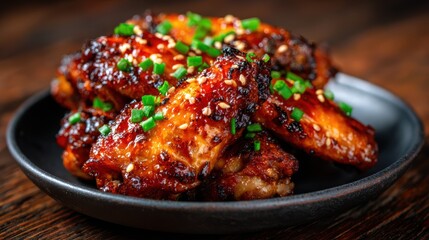 A mouth-watering dish of glazed chicken wings garnished with fresh green onions, perfect for any occasion and inviting all to indulge in flavorful delights.
