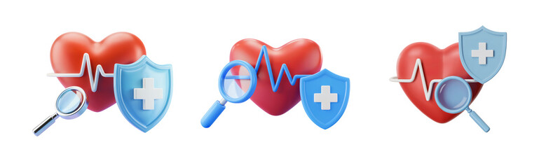 3D heart with heartbeat line, shield, and magnifying glass symbolizing health, protection, and medical research isolated on png transparent background