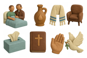 Clay art depictions of comfort and spirituality with religious symbols