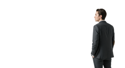 Young professional, gender-neutral, mid-20s, in neutral business attire, seen from behind, transparent studio background with copy space. Concept of strategic planning and future vision
