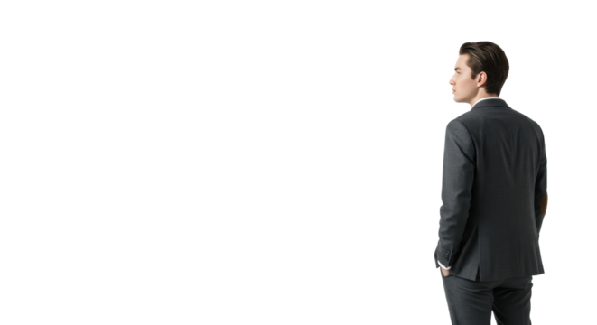 Young professional, gender-neutral, mid-20s, in neutral business attire, seen from behind, transparent studio background with copy space. Concept of strategic planning and future vision