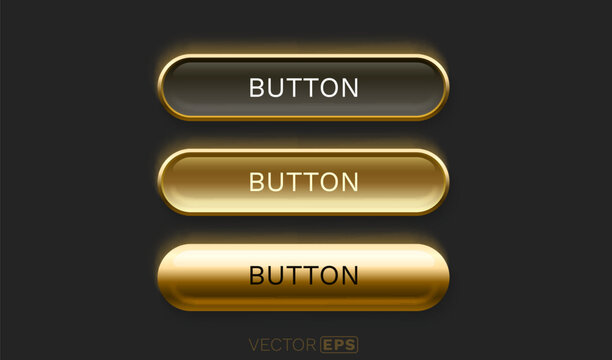 Black golden button set, three states of the button, pressed, released, hovered. Vector illustration