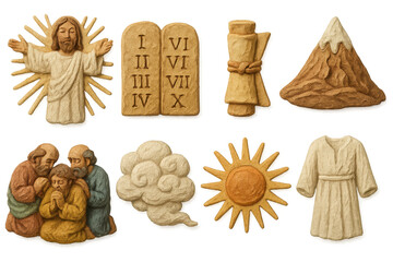 3d biblical symbols: jesus, ten commandments, scroll, and more
