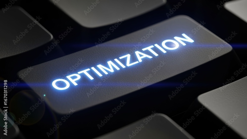 Poster glowing keyboard key featuring the word optimization in modern design