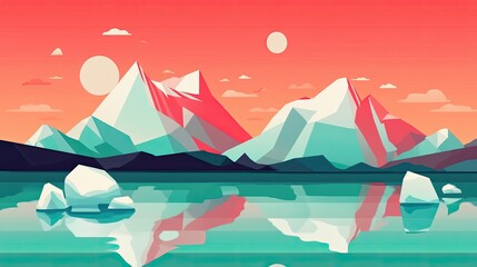 Abstract Mountain Landscape with Reflective Water and Sunset Tones
