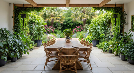 LiveEdge Wooden Dining Table with Rattan Chairs in Lush Garden Setting.